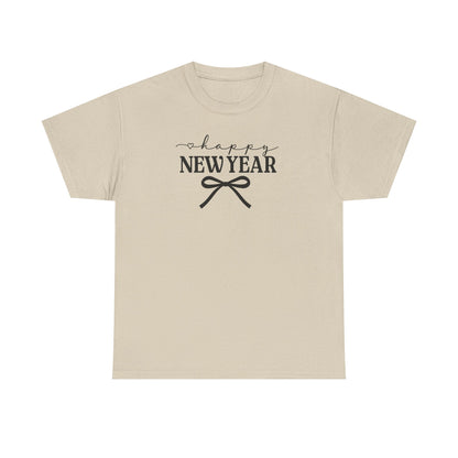 Happy New Year Bow T-Shirt, Minimalist New Year Typography Tee, Holiday Graphic Shirt, New Year's Eve Outfit, Casual Festive Top