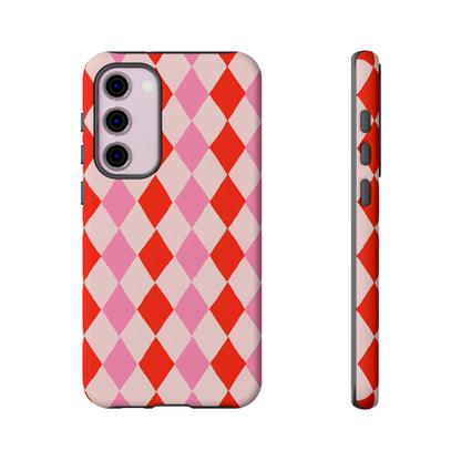 Tough Cases with Red Pink Diamonds, Retro Checkerboard iPhone Case And Samsung Case, Slim Fit Phone Case, Stylish Gift