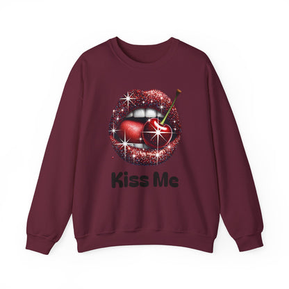 Cherry Kiss Me Sweatshirt, Glitter Lips Cherry Graphic Crewneck, Retro Pop Art Sweatshirt, Cute Flirty Pullover, Unisex Cozy Top