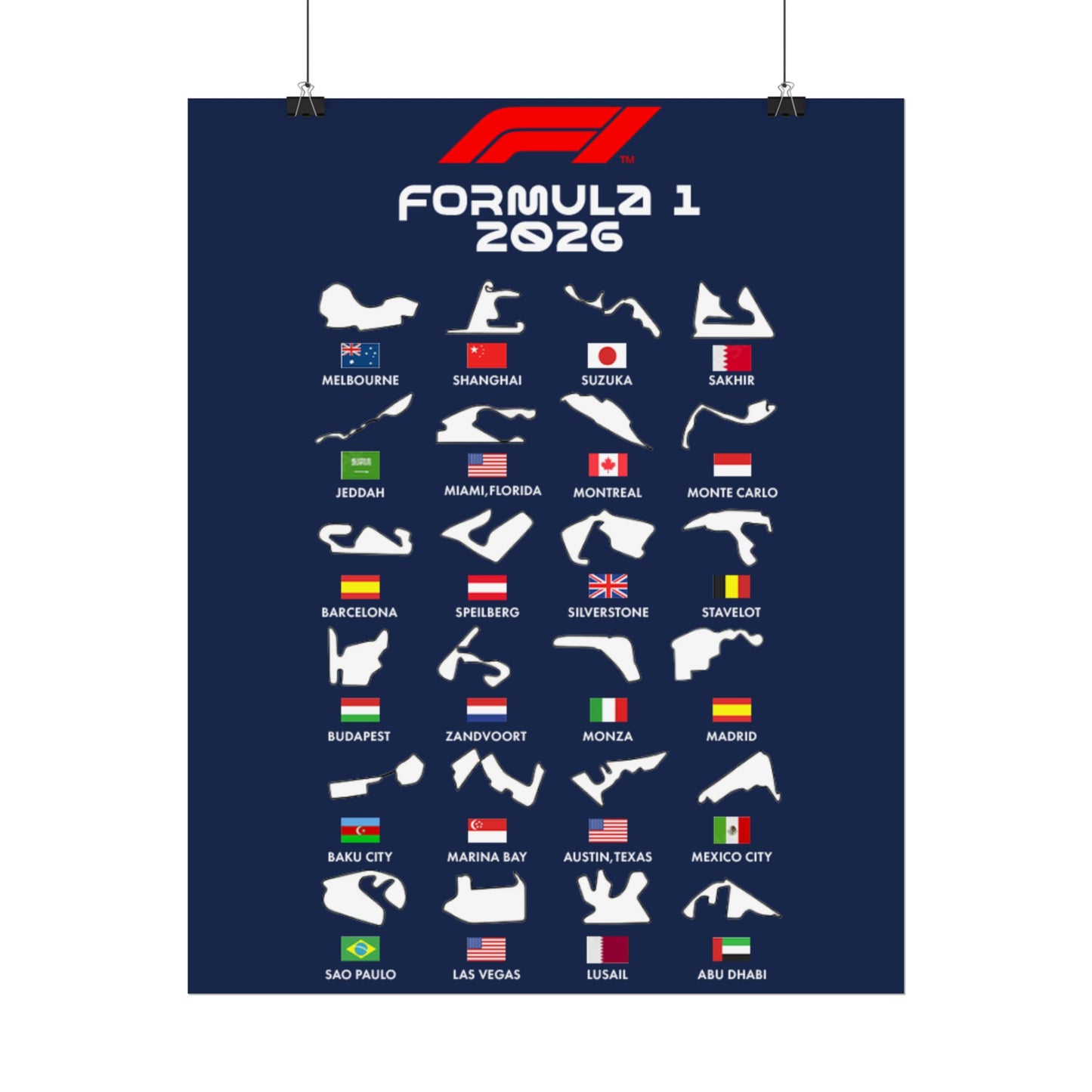 Formula 1 2026 Track Silhouettes Poster, F1 Circuits Map Wall Art, Grand Prix Calendar Print, Motorsport Racing Decor, Rolled Poster