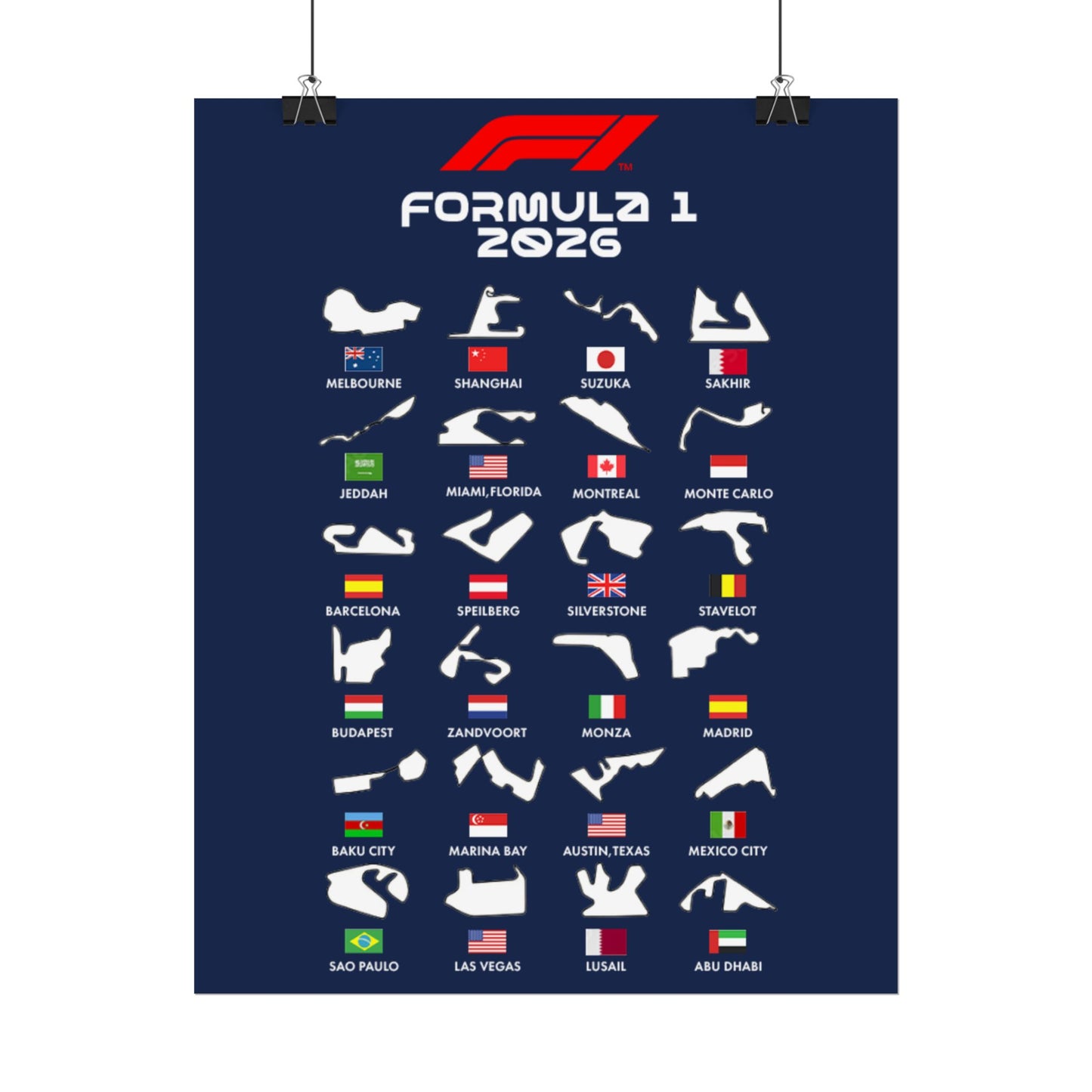 Formula 1 2026 Track Silhouettes Poster, F1 Circuits Map Wall Art, Grand Prix Calendar Print, Motorsport Racing Decor, Rolled Poster