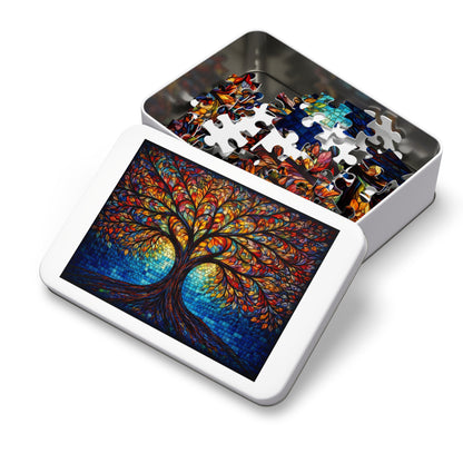 Tree of Life Jigsaw Puzzle, Colorful Stained Glass Mosaic Puzzle with Tin, Adult Puzzle Gift, Art Jigsaw