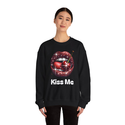 Cherry Kiss Me Sweatshirt, Glitter Lips Cherry Graphic Crewneck, Retro Pop Art Sweatshirt, Cute Flirty Pullover, Unisex Cozy Top