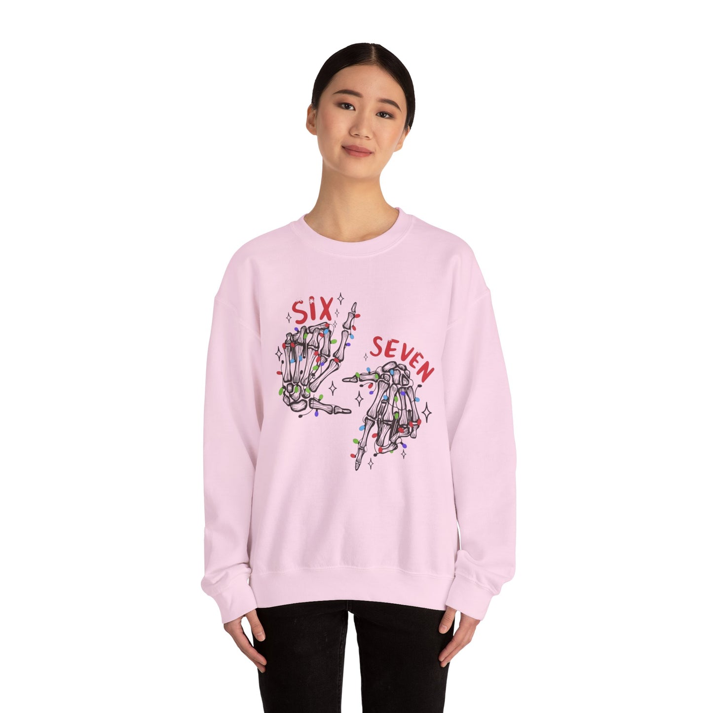 Six Seven Skeleton Hands Sweatshirt Funny Halloween Christmas Crewneck for Men & Women  Cozy Skeleton Hand Lights Pullover, Gift for Friends