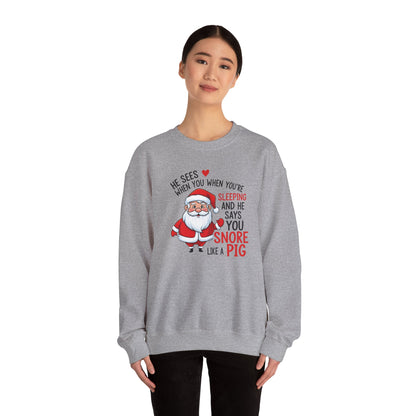 Funny Santa Christmas Sweatshirt He Sees When You are Sleeping and He Says You Snore Like a Pig |Holiday Humor Crewneck |Cozy Christmas Gift