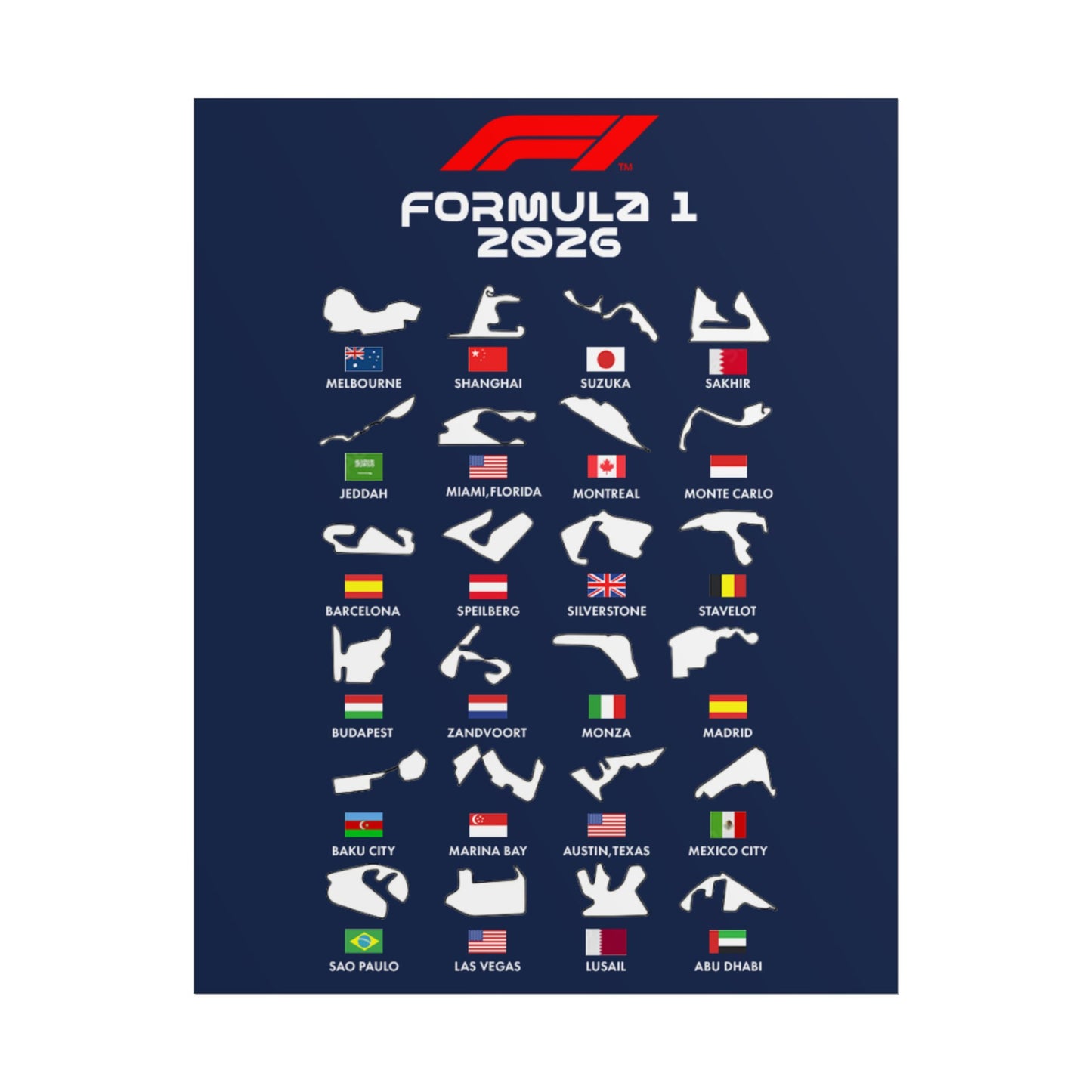 Formula 1 2026 Track Silhouettes Poster, F1 Circuits Map Wall Art, Grand Prix Calendar Print, Motorsport Racing Decor, Rolled Poster