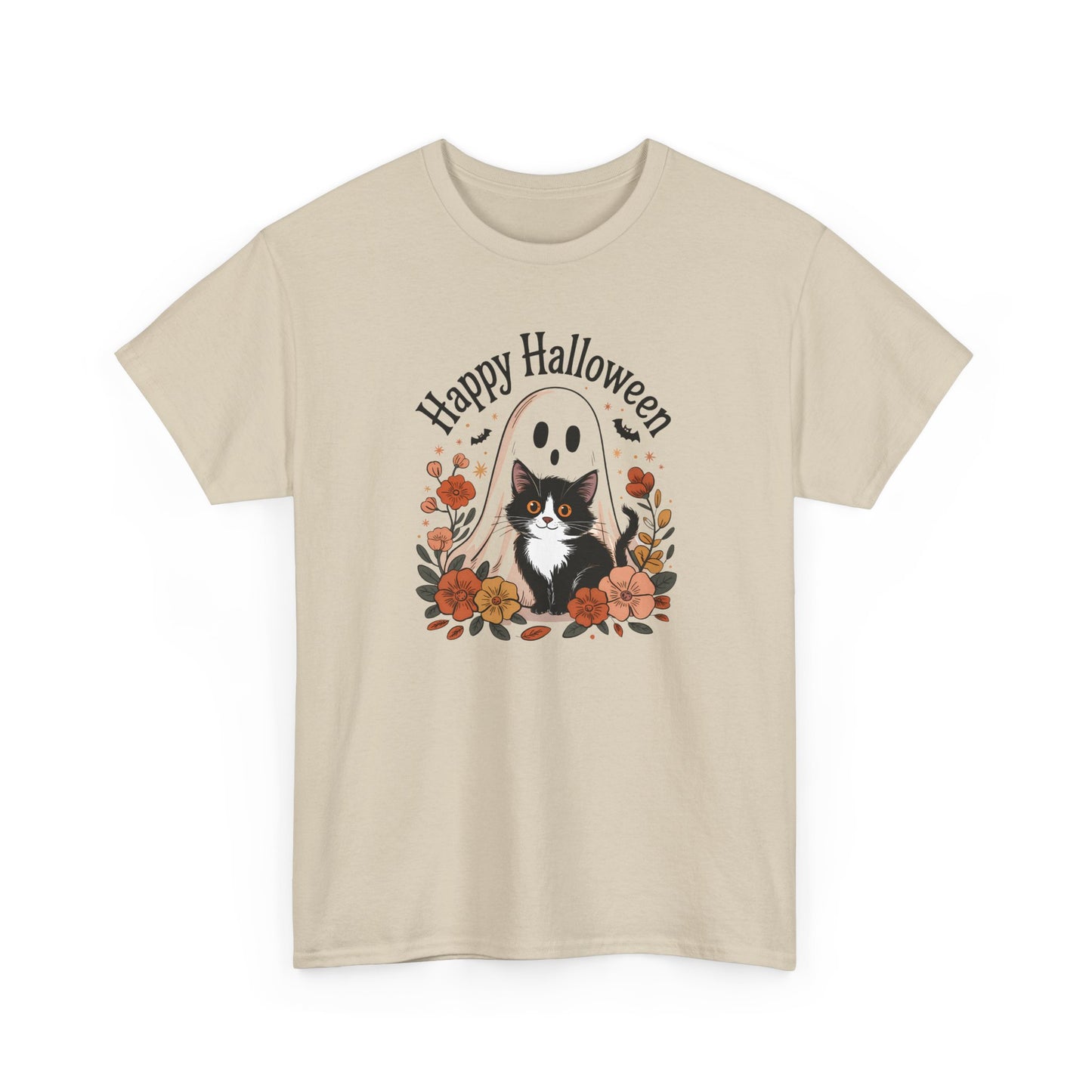 Halloween Cat & Ghost Tee, Heavy Cotton Shirt, Spooky Season Apparel, Autumn Gift, Fall Festival Outfit, Haunted House Wear