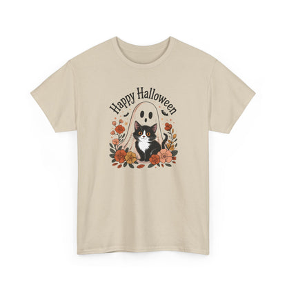 Halloween Cat & Ghost Tee, Heavy Cotton Shirt, Spooky Season Apparel, Autumn Gift, Fall Festival Outfit, Haunted House Wear