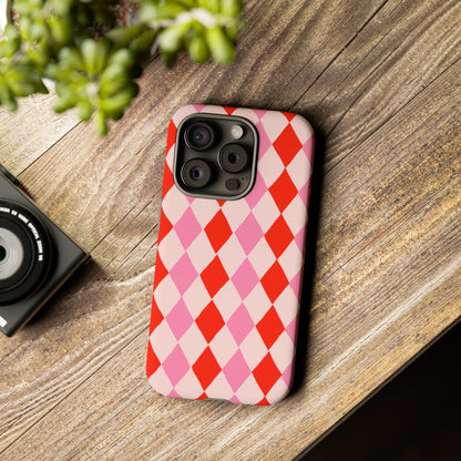 Tough Cases with Red Pink Diamonds, Retro Checkerboard iPhone Case And Samsung Case, Slim Fit Phone Case, Stylish Gift