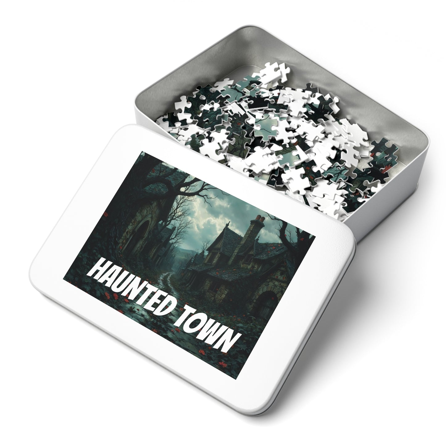 Haunted Town Jigsaw Puzzle, Spooky Village Halloween Puzzle with Tin, Dark Art Puzzle, 500-2000 Piece Gift