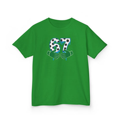 67 Number Design Kids T-Shirt, Green Hands Graphic Tee, Patterned Number Shirt for Boys Girls, Playful Kids Cotton Top, Soccer Lover Shirt