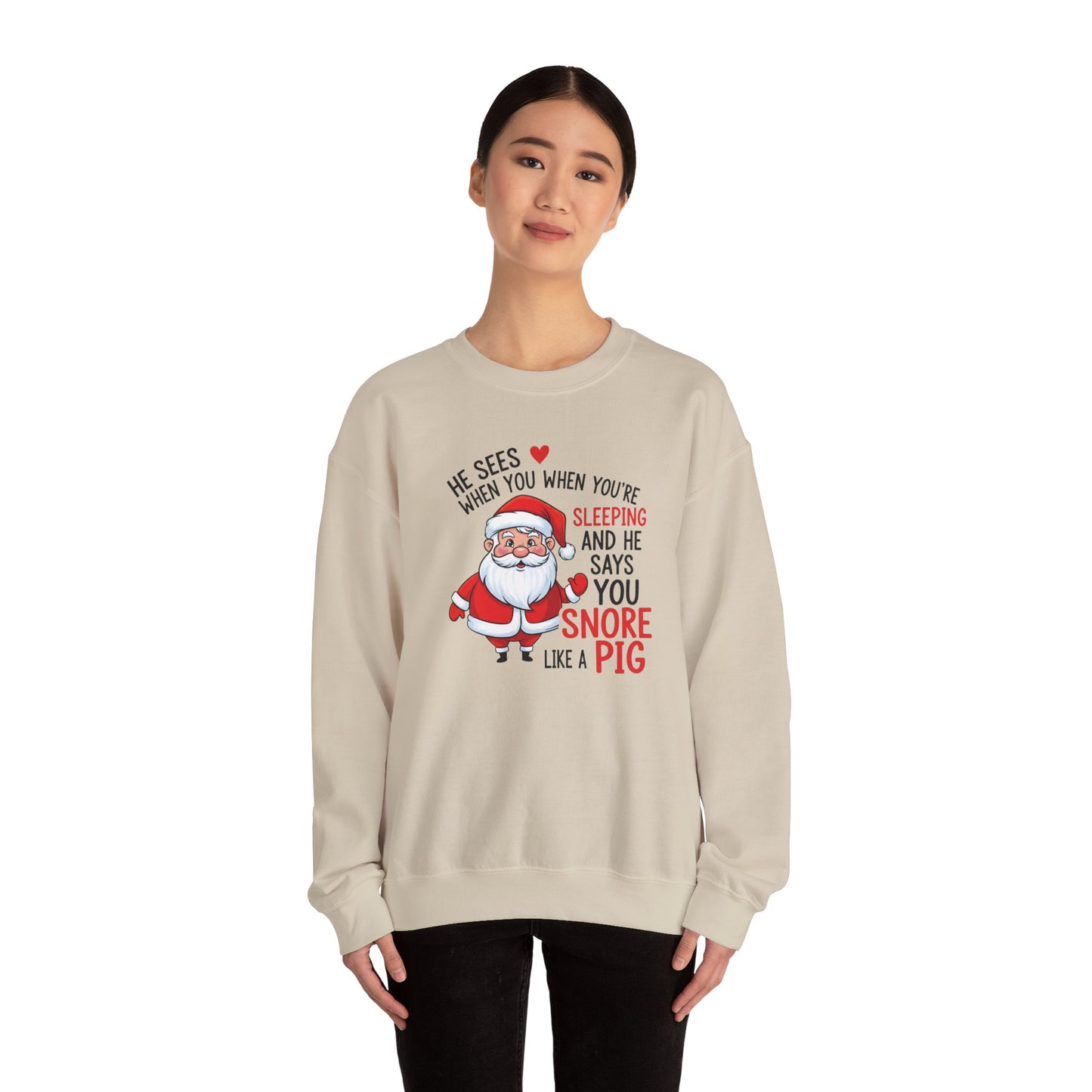 Funny Santa Christmas Sweatshirt He Sees When You are Sleeping and He Says You Snore Like a Pig |Holiday Humor Crewneck |Cozy Christmas Gift