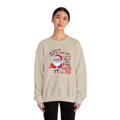 Funny Santa Christmas Sweatshirt He Sees When You are Sleeping and He Says You Snore Like a Pig |Holiday Humor Crewneck |Cozy Christmas Gift