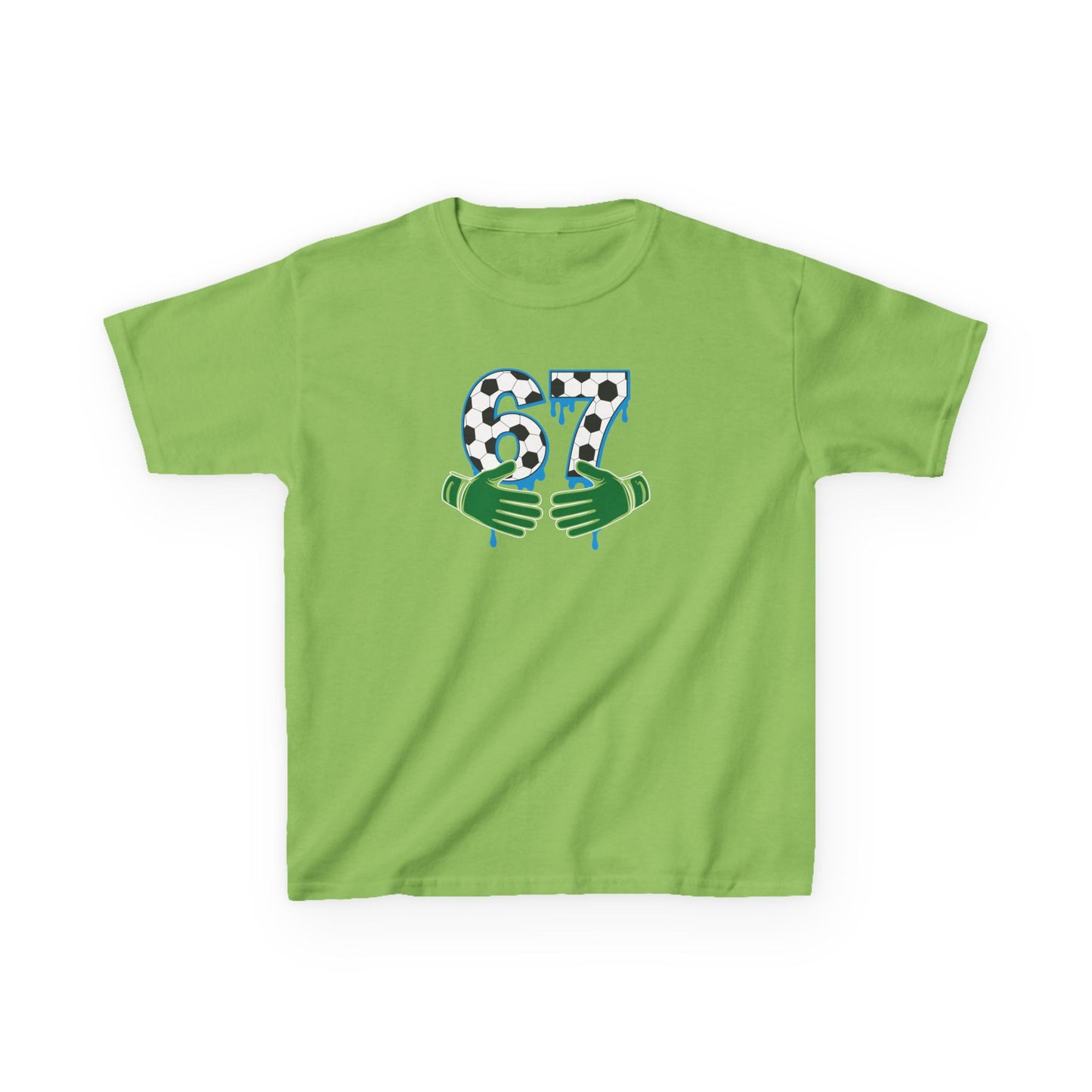 67 Number Design Kids T-Shirt, Green Hands Graphic Tee, Patterned Number Shirt for Boys Girls, Playful Kids Cotton Top, Soccer Lover Shirt