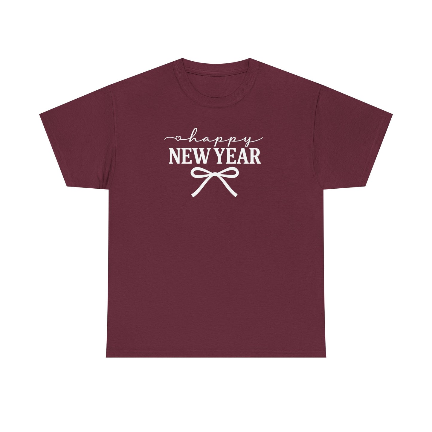 Happy New Year Bow T-Shirt, Minimalist New Year Typography Tee, Holiday Graphic Shirt, New Year's Eve Outfit, Casual Festive Top