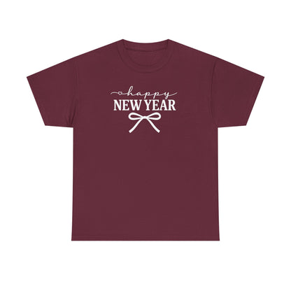 Happy New Year Bow T-Shirt, Minimalist New Year Typography Tee, Holiday Graphic Shirt, New Year's Eve Outfit, Casual Festive Top