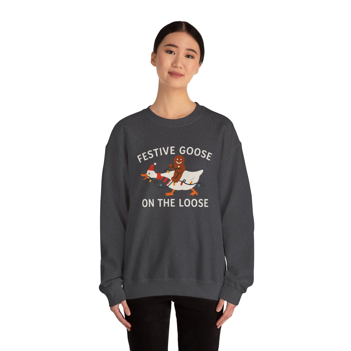 Festive Goose on the Loose Sweatshirt, Funny Christmas Gingerbread Crewneck, Holiday Lights Shirt, Cozy Winter Gift for Her and Him