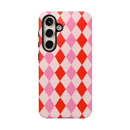 Tough Cases with Red Pink Diamonds, Retro Checkerboard iPhone Case And Samsung Case, Slim Fit Phone Case, Stylish Gift