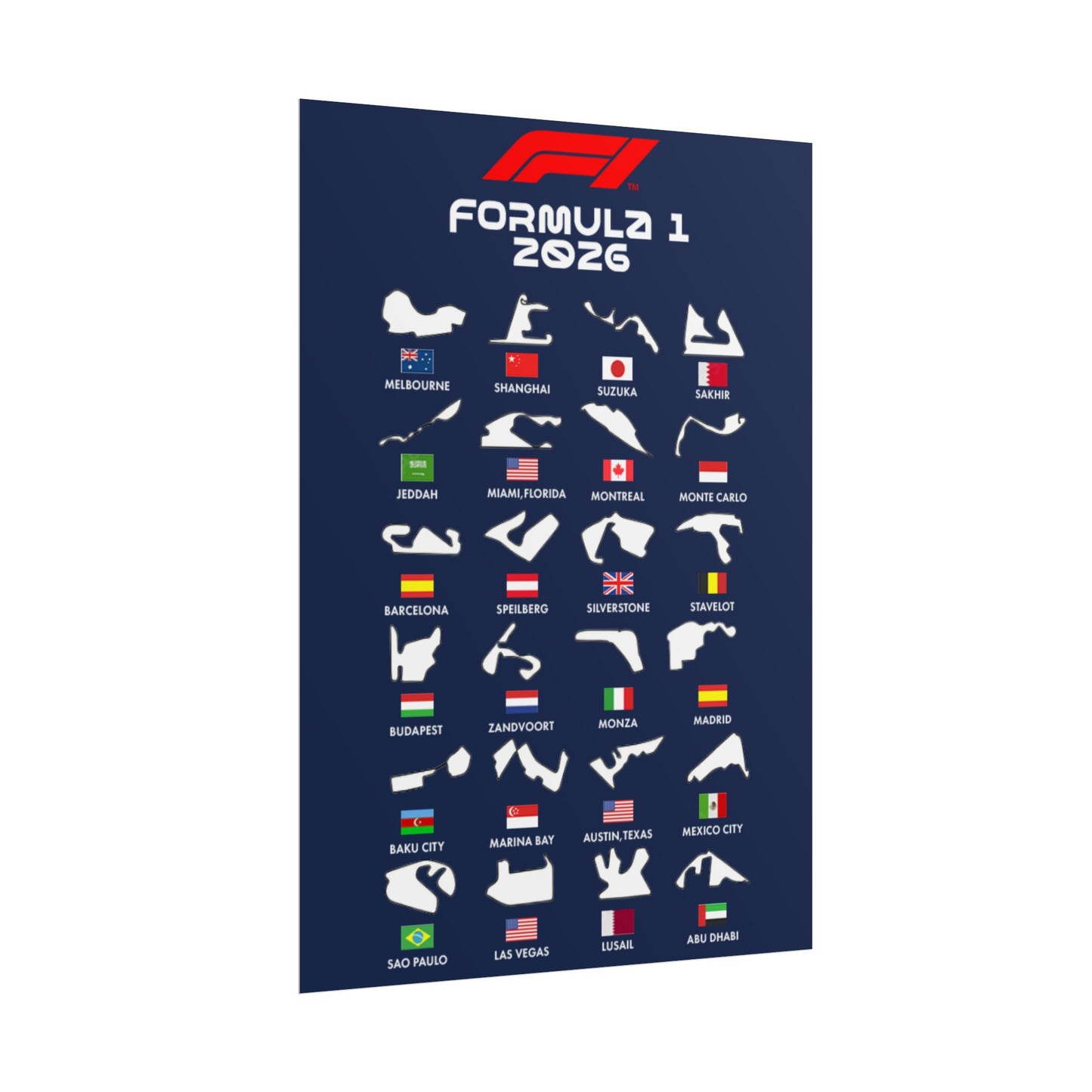 Formula 1 2026 Track Silhouettes Poster, F1 Circuits Map Wall Art, Grand Prix Calendar Print, Motorsport Racing Decor, Rolled Poster