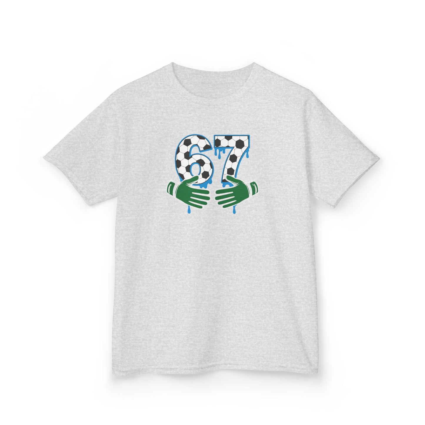 67 Number Design Kids T-Shirt, Green Hands Graphic Tee, Patterned Number Shirt for Boys Girls, Playful Kids Cotton Top, Soccer Lover Shirt