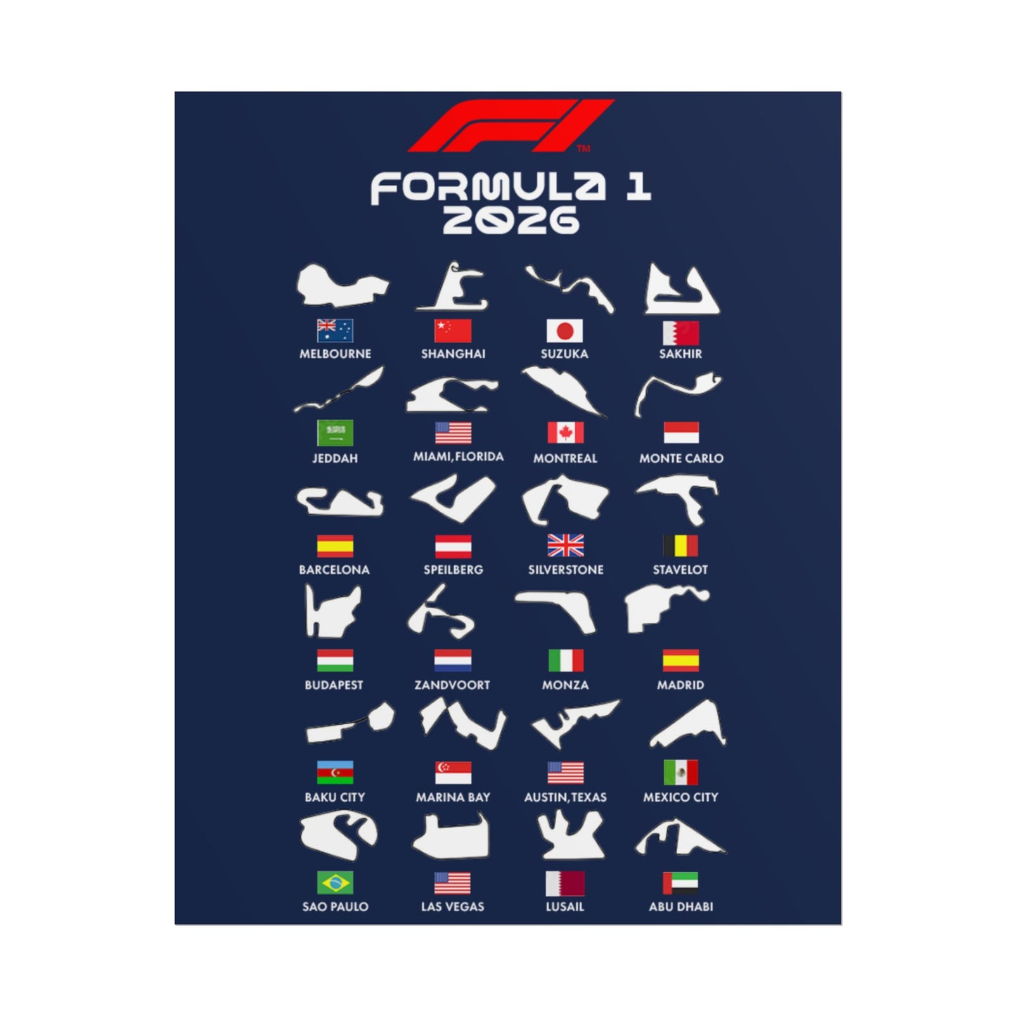 Formula 1 2026 Track Silhouettes Poster, F1 Circuits Map Wall Art, Grand Prix Calendar Print, Motorsport Racing Decor, Rolled Poster