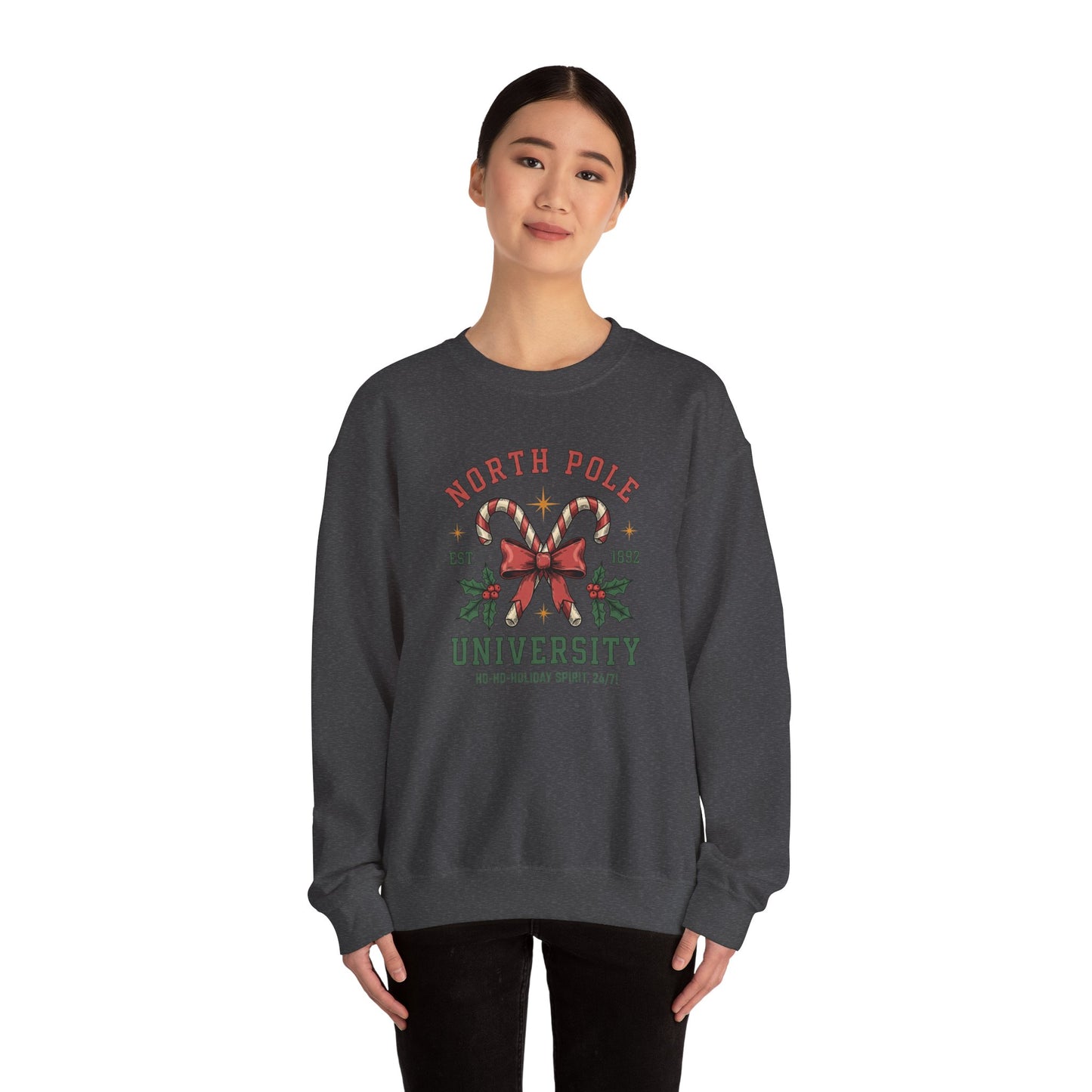 North Pole University Christmas Sweatshirt Candy Cane College Crewneck, Cute Christmas Sweater for Women, Cozy Winter Sweatshirt