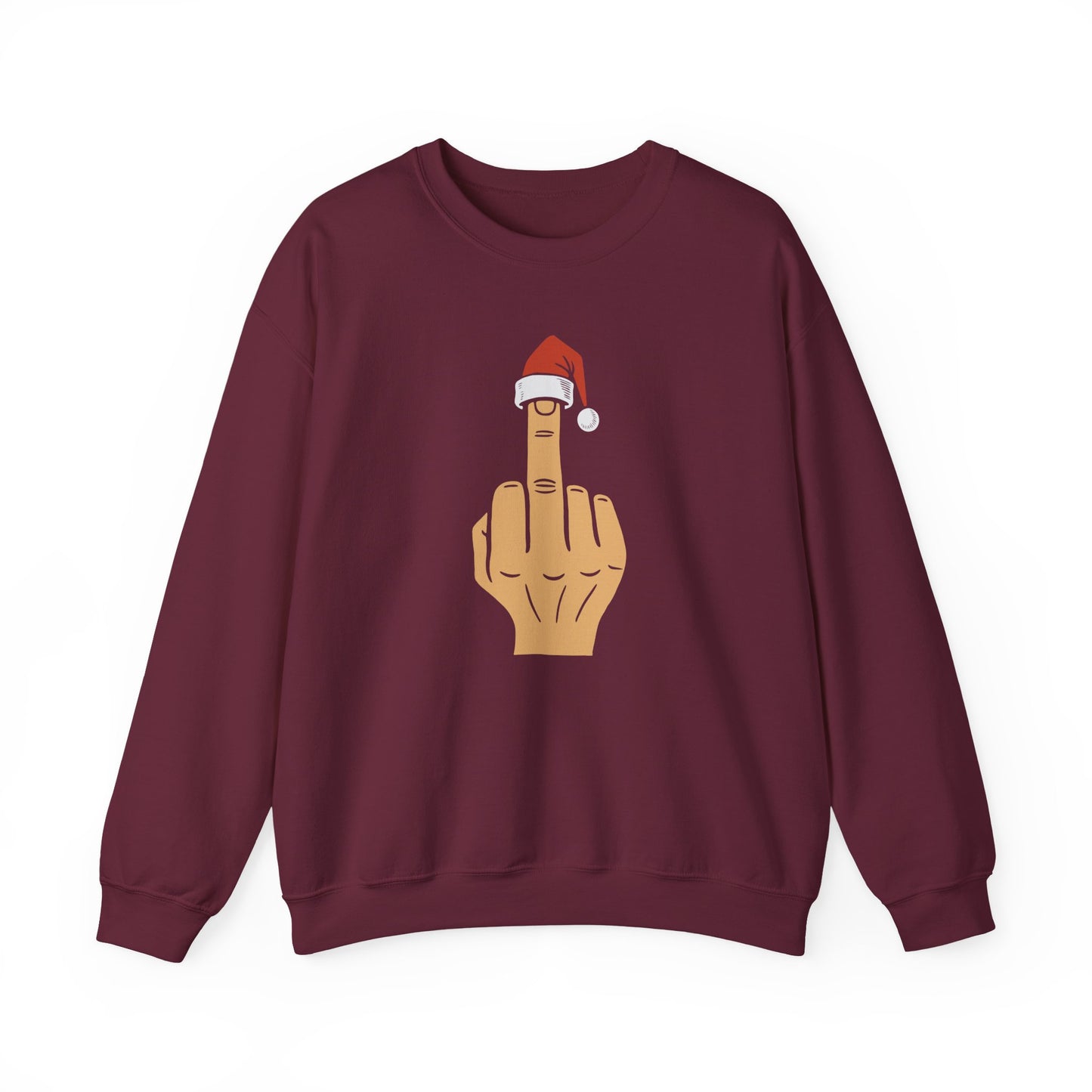Middle Finger with Santa Hat Crewneck | Naughty Christmas Sweatshirt | Funny Holiday T-Shirt for Adults | Sarcastic Santa Gift
