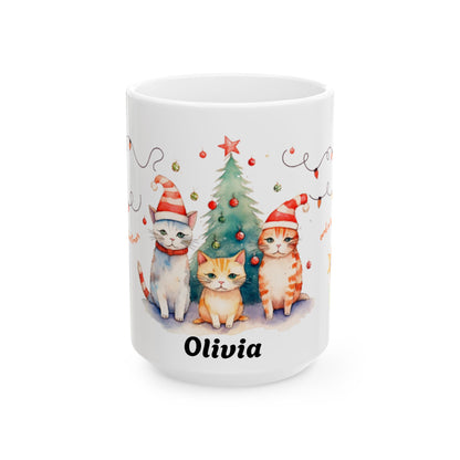 Personalized Christmas Cat Ceramic Mug, Custom Pet Lover Gift, Holiday Coffee Cup, Cute Feline Decor, Family Gift, Winter Celebration