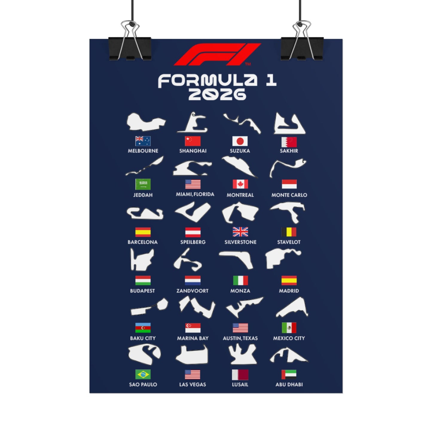 Formula 1 2026 Track Silhouettes Poster, F1 Circuits Map Wall Art, Grand Prix Calendar Print, Motorsport Racing Decor, Rolled Poster