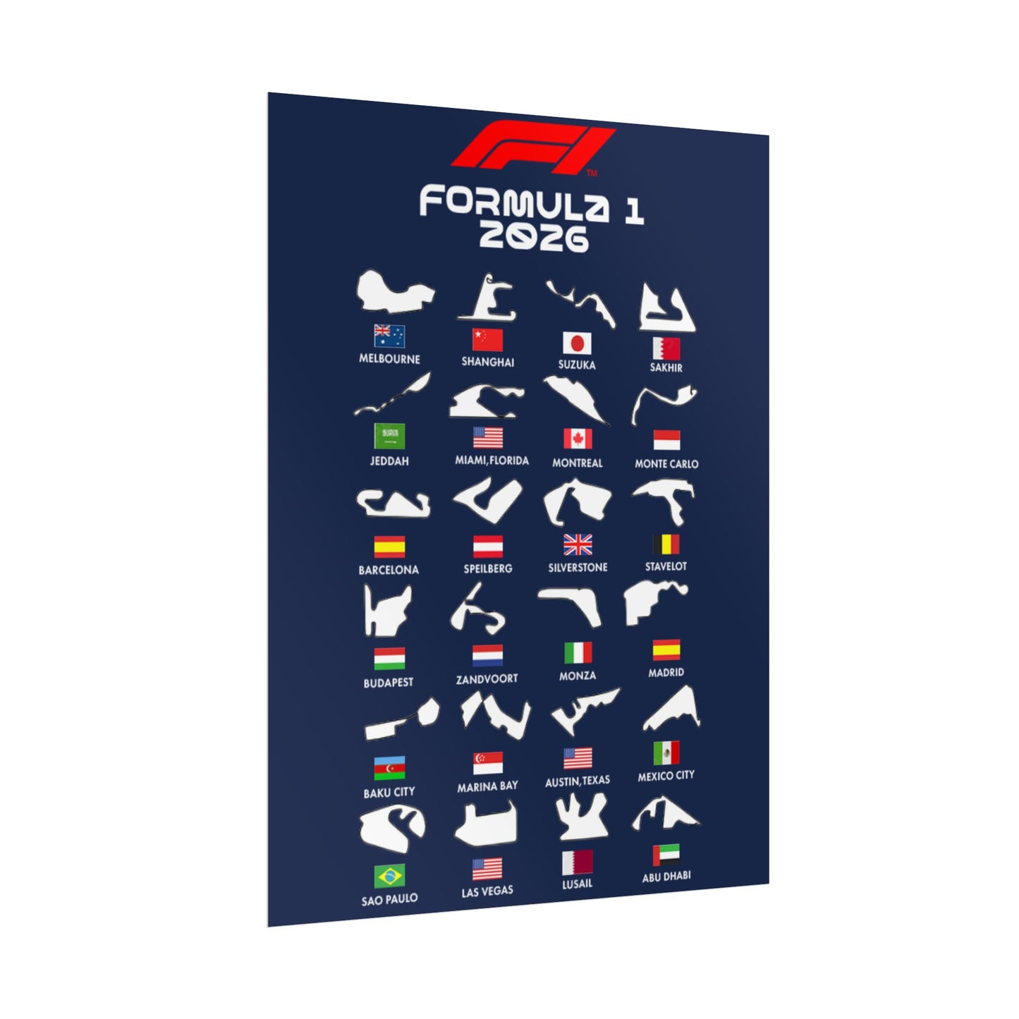 Formula 1 2026 Track Silhouettes Poster, F1 Circuits Map Wall Art, Grand Prix Calendar Print, Motorsport Racing Decor, Rolled Poster
