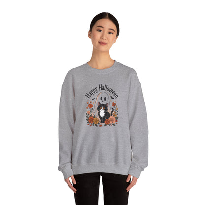 Happy Halloween Cat Crewneck Sweatshirt, Cozy Fall Sweatshirt, Halloween Gift, Fall Fashion, Gift for Her, Spooky Season Apparel