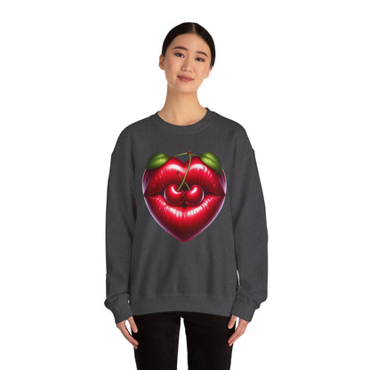 Heart Cherry Lips Sweatshirt, Cherry Face Graphic Crewneck, Cute Aesthetic Sweatshirt, Retro Pop Art Pullover, Unisex Cozy Top