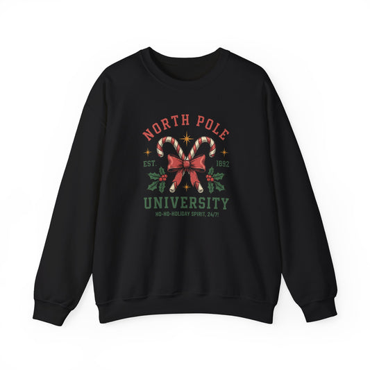 North Pole University Christmas Sweatshirt Candy Cane College Crewneck, Cute Christmas Sweater for Women, Cozy Winter Sweatshirt