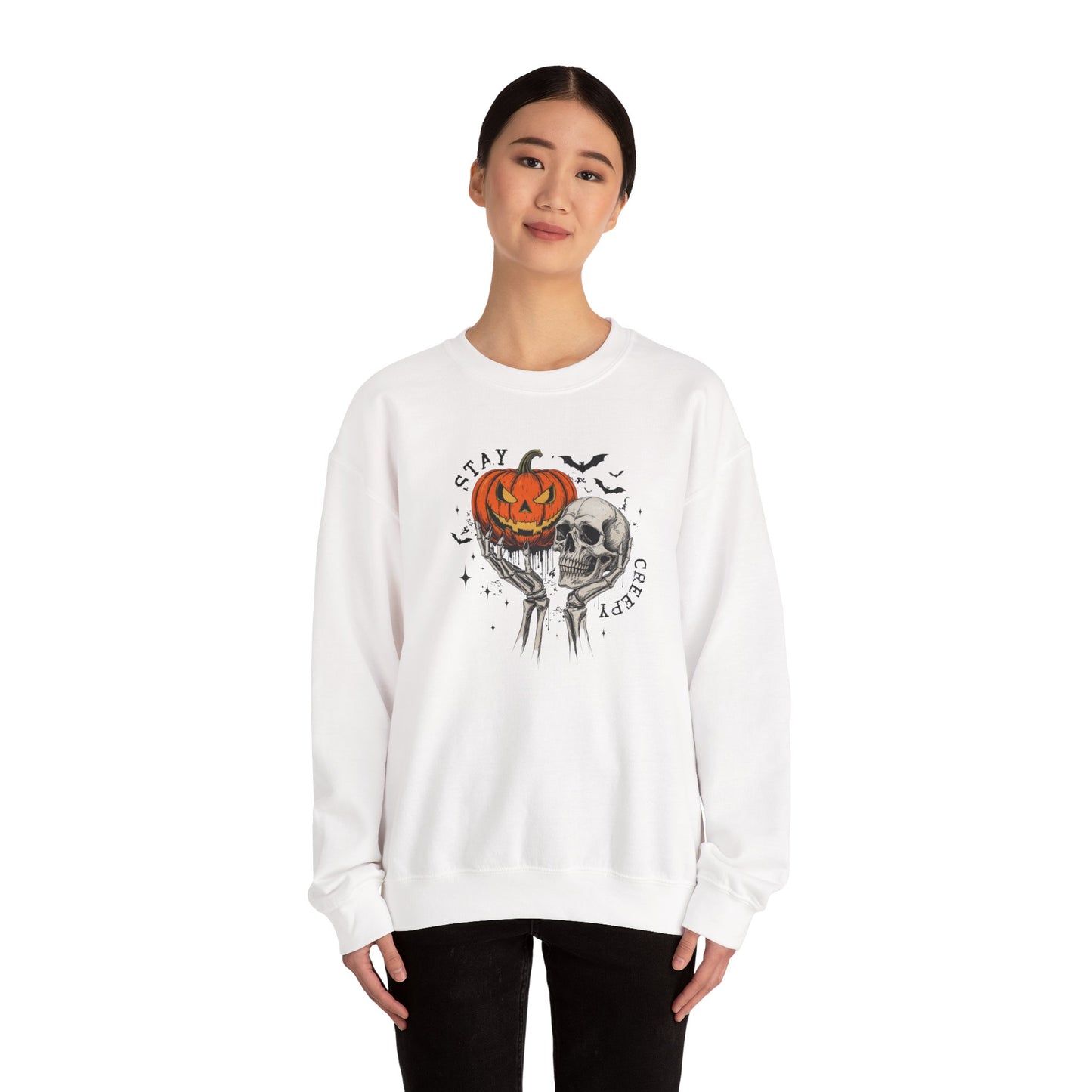 Stay Creepy Crewneck Sweatshirt, Halloween Sweater, Cozy Fall Apparel, Spooky Gift, Pumpkin Skull Design, Halloween Celebration