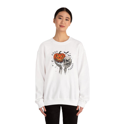 Stay Creepy Crewneck Sweatshirt, Halloween Sweater, Cozy Fall Apparel, Spooky Gift, Pumpkin Skull Design, Halloween Celebration