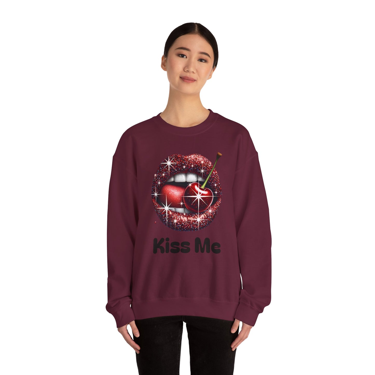 Cherry Kiss Me Sweatshirt, Glitter Lips Cherry Graphic Crewneck, Retro Pop Art Sweatshirt, Cute Flirty Pullover, Unisex Cozy Top