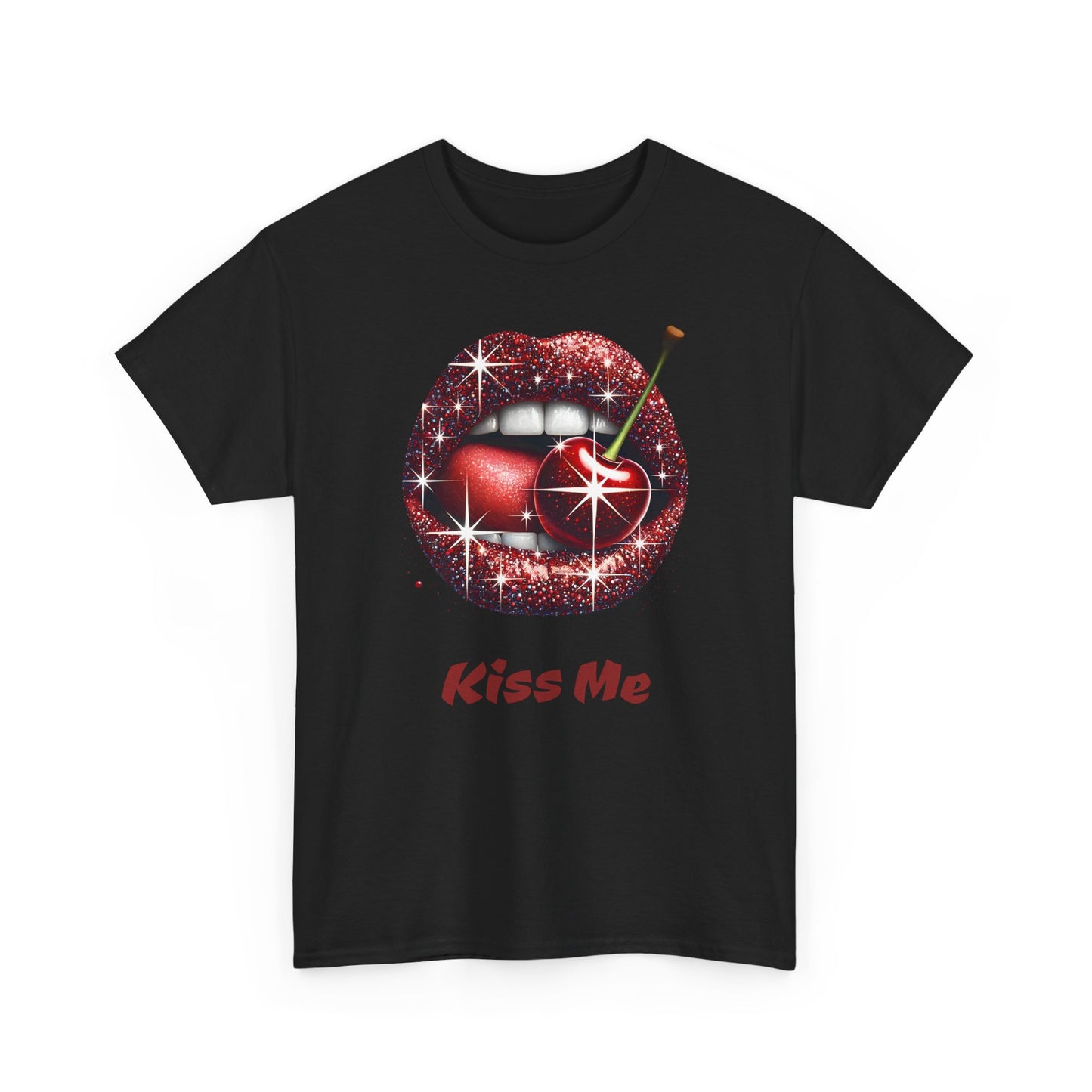 Glitter Lips Cherry Kiss Me Tee, Retro Pinup Graphic Shirt, Flirty Pop Art T-Shirt, Vintage Style Cotton Tee
