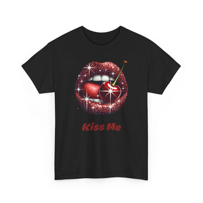 Glitter Lips Cherry Kiss Me Tee, Retro Pinup Graphic Shirt, Flirty Pop Art T-Shirt, Vintage Style Cotton Tee