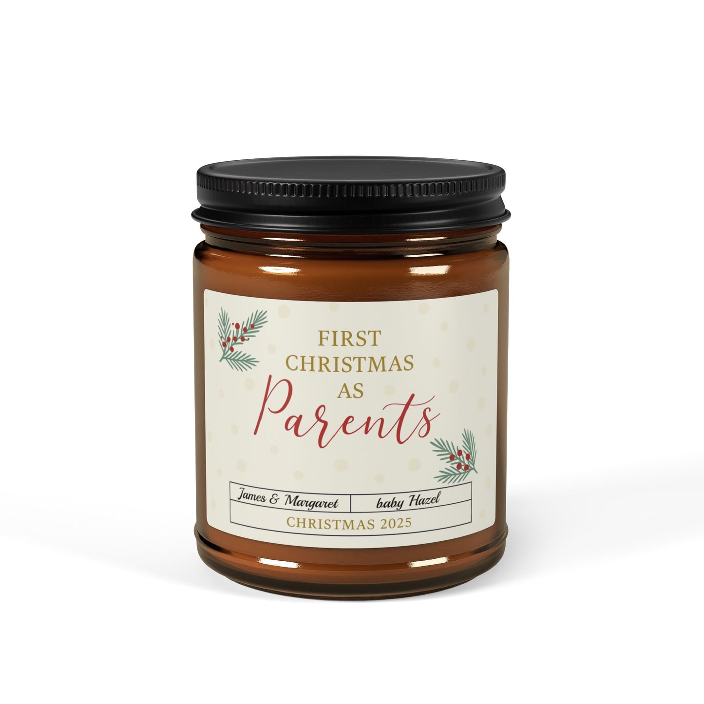 First Christmas as Parents Candle, Personalized Amber Jar Soy Candle, Holiday Scented Gift for New Moms & Dads, Cozy Xmas Decor