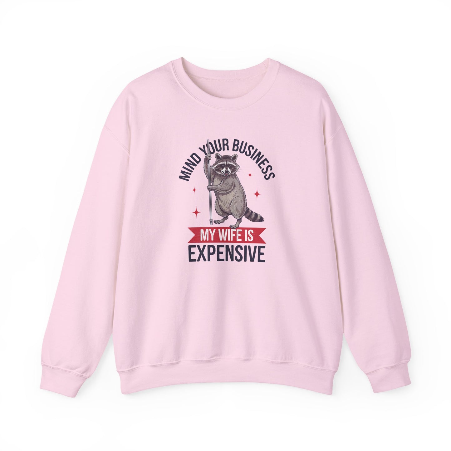 Mind Your Business My Wife Is Expensive Sweatshirt | Funny Raccoon Pullover | Husband Gift | Sarcastic Marriage Humor Sweater