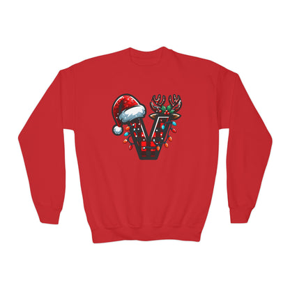 Festive Youth Crewneck Sweatshirt with Christmas Reindeer and Santa Hat, Holiday Gift for Kids, Winter Wear, Cozy Sweater, Christmas Apparel