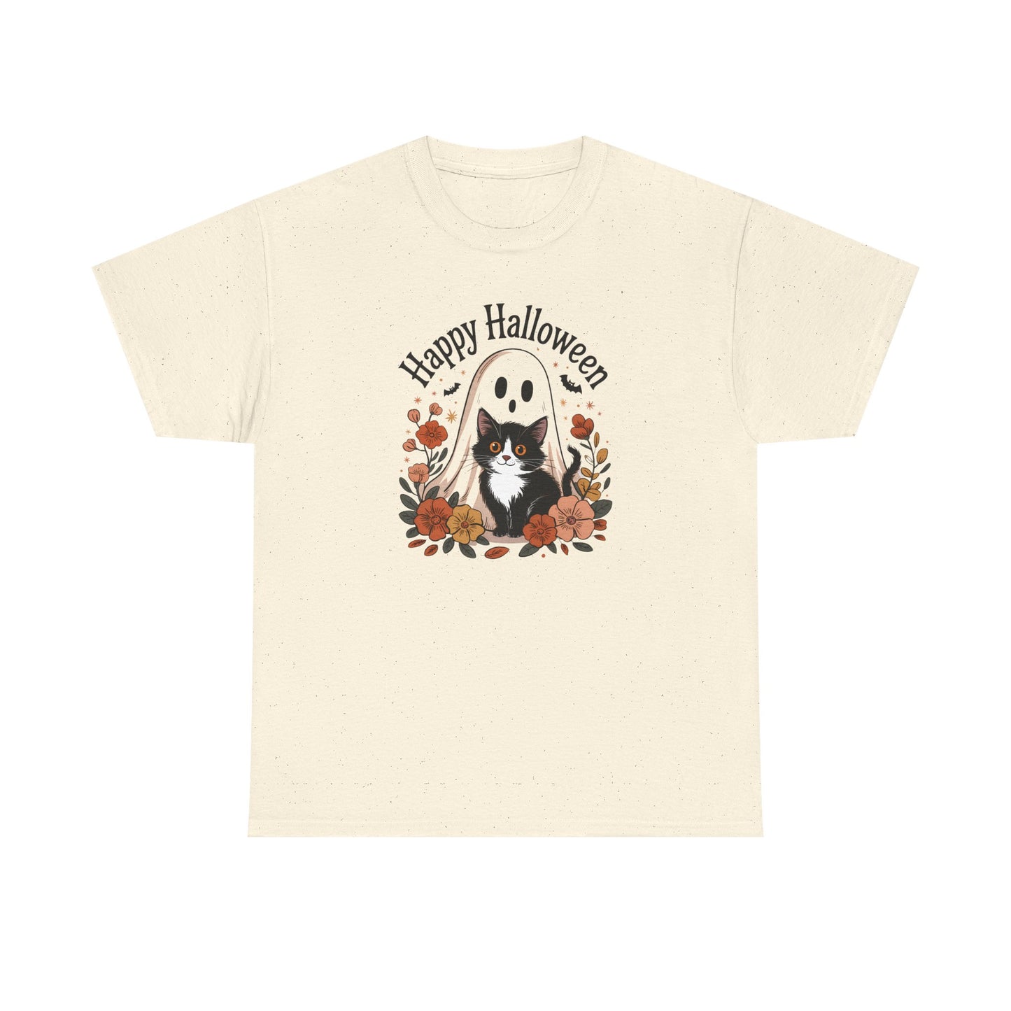 Halloween Cat & Ghost Tee, Heavy Cotton Shirt, Spooky Season Apparel, Autumn Gift, Fall Festival Outfit, Haunted House Wear