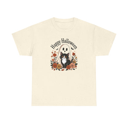 Halloween Cat & Ghost Tee, Heavy Cotton Shirt, Spooky Season Apparel, Autumn Gift, Fall Festival Outfit, Haunted House Wear
