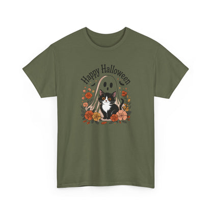 Halloween Cat & Ghost Tee, Heavy Cotton Shirt, Spooky Season Apparel, Autumn Gift, Fall Festival Outfit, Haunted House Wear