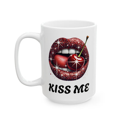Kiss Me Coffee Mug, Cherry Lips Design Ceramic Mug, Cute Aesthetic Coffee Cup, 11oz 15oz Gift, Fun Novelty Mug