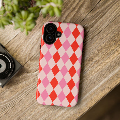 Tough Cases with Red Pink Diamonds, Retro Checkerboard iPhone Case And Samsung Case, Slim Fit Phone Case, Stylish Gift