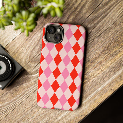 Tough Cases with Red Pink Diamonds, Retro Checkerboard iPhone Case And Samsung Case, Slim Fit Phone Case, Stylish Gift