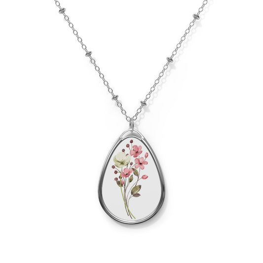 Floral Necklace, Birth Flower Pendant, Engraved Oval Pendant Necklace, Bridal Jewelry, Anniversary Gift, Gift for Her