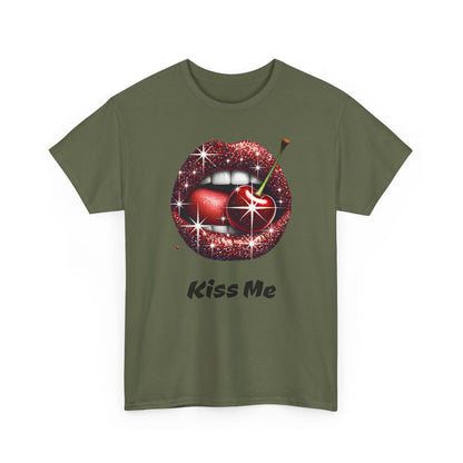 Glitter Lips Cherry Kiss Me Tee, Retro Pinup Graphic Shirt, Flirty Pop Art T-Shirt, Vintage Style Cotton Tee