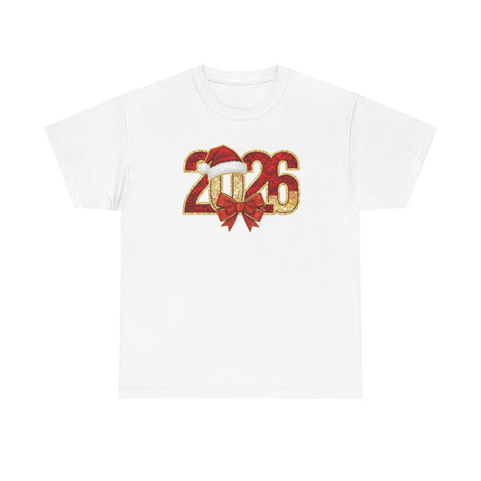 2026 New Year Shirt | Festive Christmas Tee with Santa Hat & Bow | Happy New Year T-Shirt | Holiday Party Outfit Gift